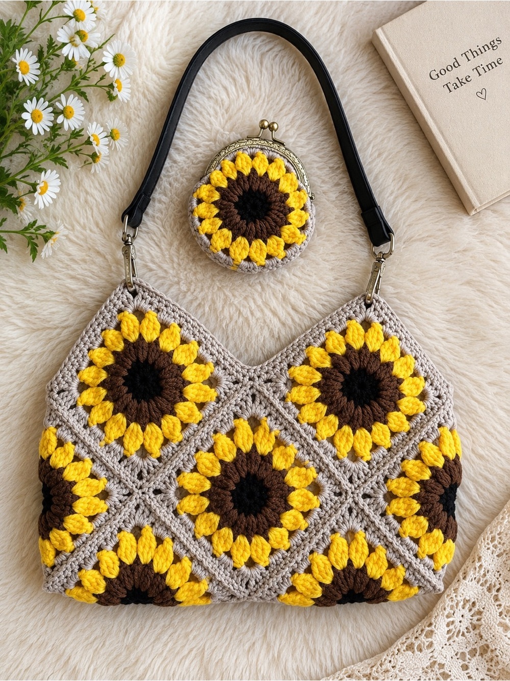 Handmade Yellow Sunflower Crochet Shoulder Bag with Coin Purse